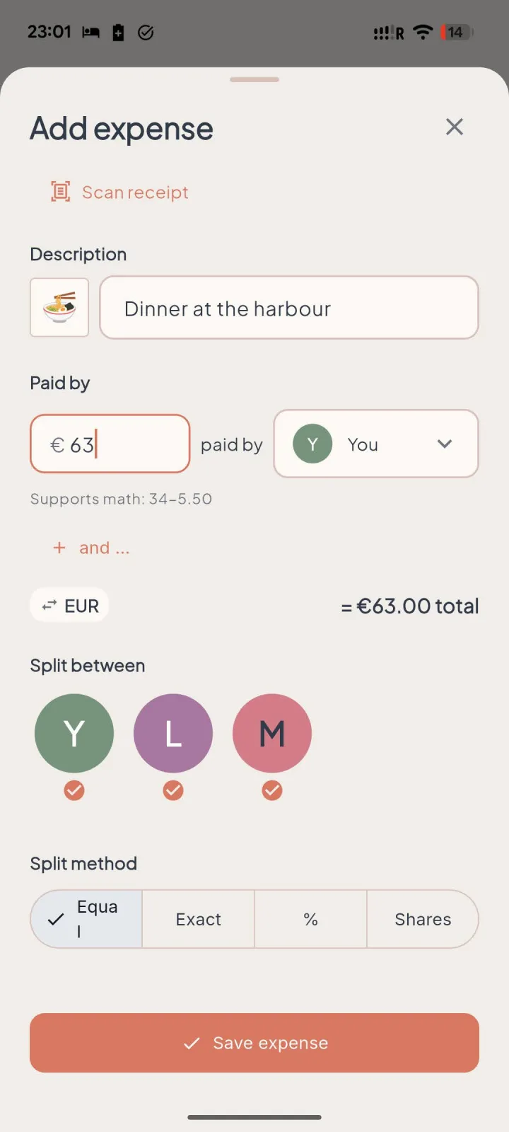 evvnly's add-expense screen: Dinner at the harbour, €63, paid by You, split equally three ways