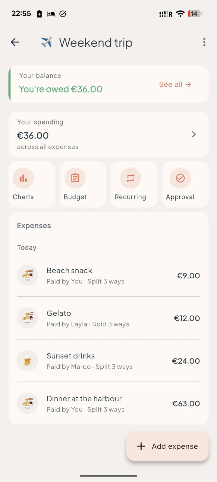 evvnly showing the Weekend trip expense list — Dinner at the harbour, Sunset drinks, Gelato and Beach snack