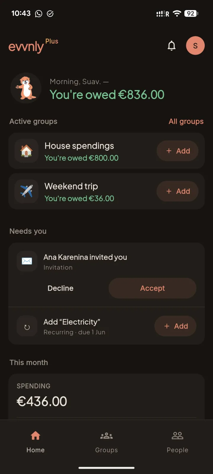 evvnly's home screen in dark mode showing group balances and monthly spending