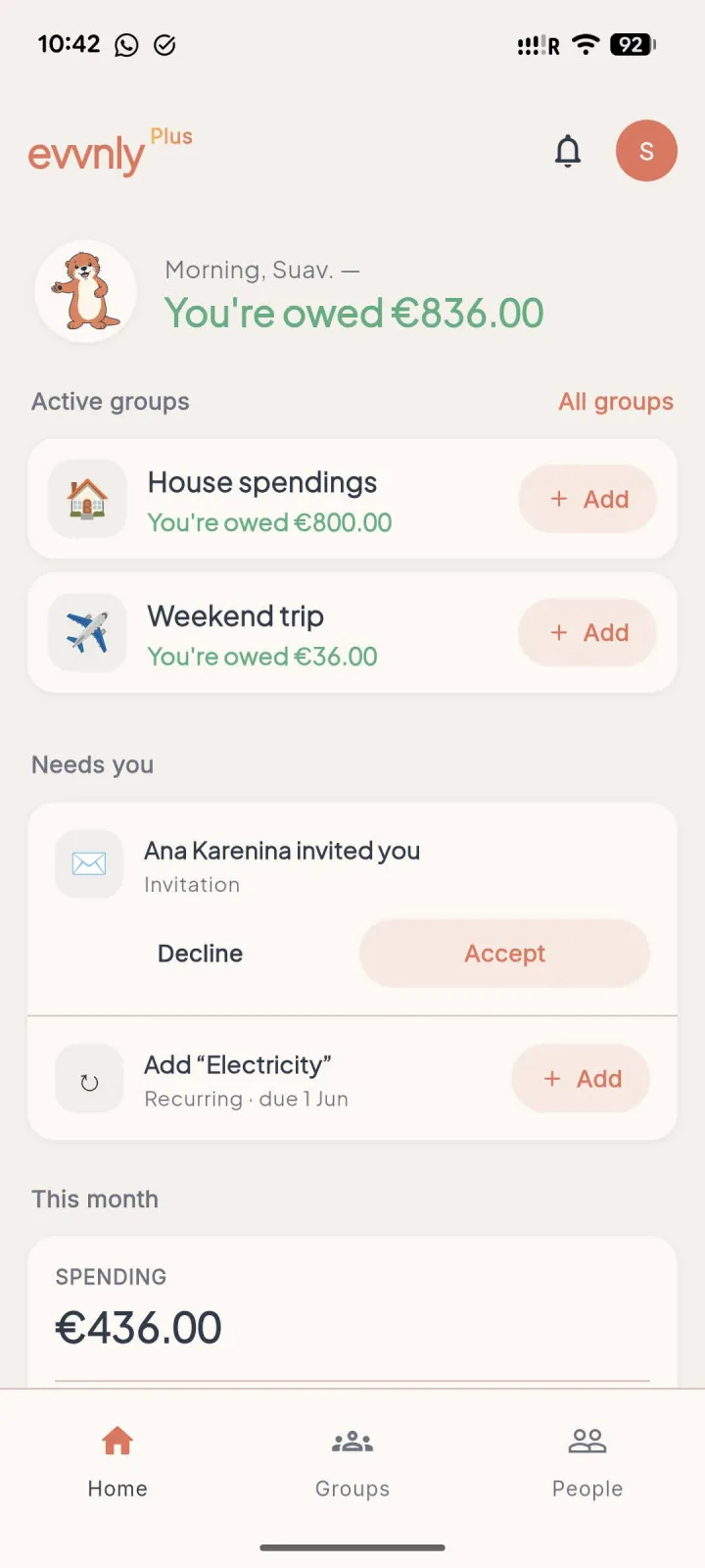 evvnly's home screen in light mode showing group balances and monthly spending