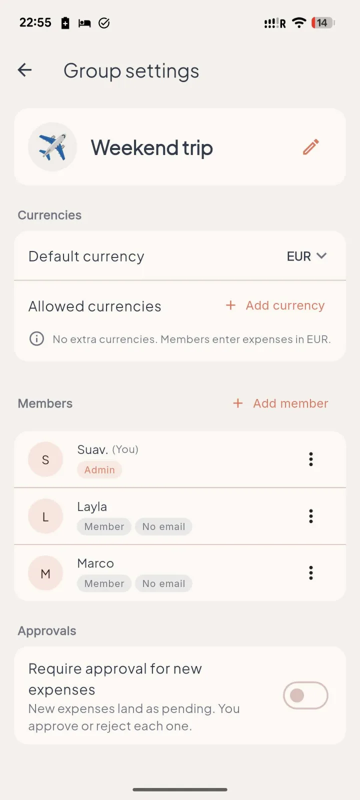 evvnly's Group settings for the Weekend trip showing members Layla, Marco and You, with EUR as the group currency