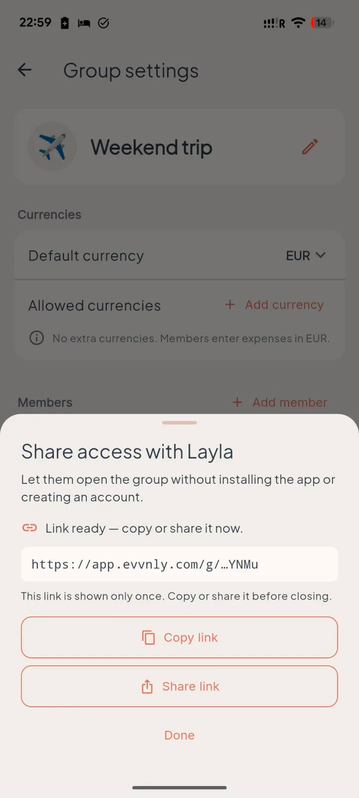 evvnly's share sheet: a one-time link that lets Layla open the Weekend trip without installing the app or creating an account